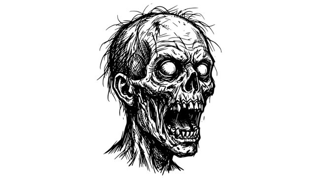 Black and white zombie head illustration with open mouth screaming
