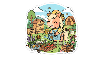 Cute cartoon pony watering plants in a bee garden with beehives and farm buildings © Civic