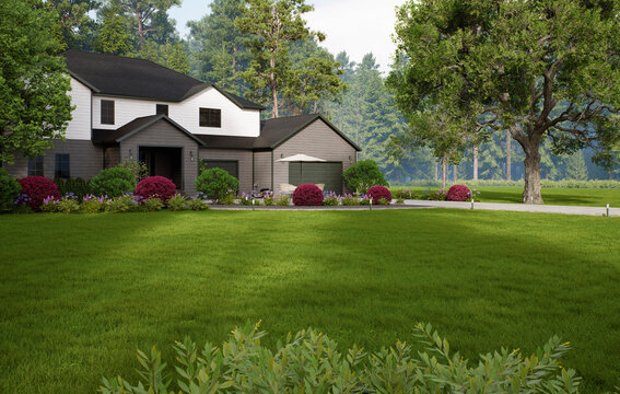 Modern two-story country house with a large green lawn and pine forest
