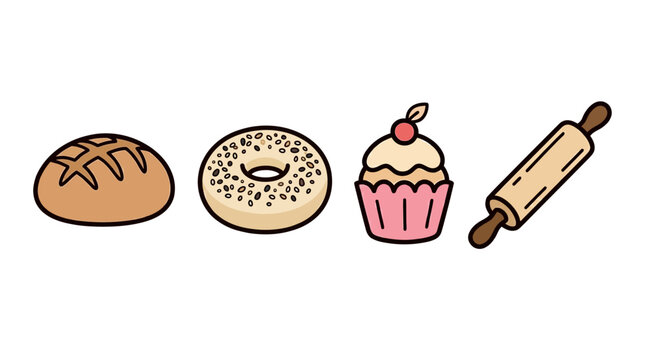 Bakery Icons: Bread, Donut, Cupcake, Rolling Pin - Cute Cartoon Style