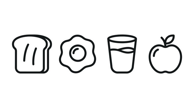 Simple Line Icons of Breakfast: Toast, Fried Egg, Water Glass, and Apple