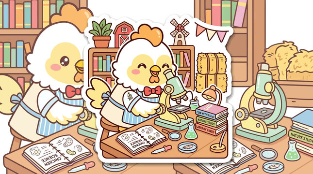 Cute cartoon chicken scientist studying with microscope in library, science education concept