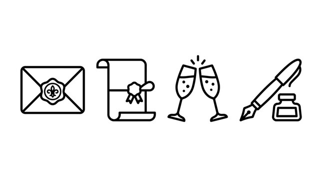 Invitation, Scroll, Champagne, Pen & Ink Icons: Celebration, Announcement, Writing, Formal Event Symbols