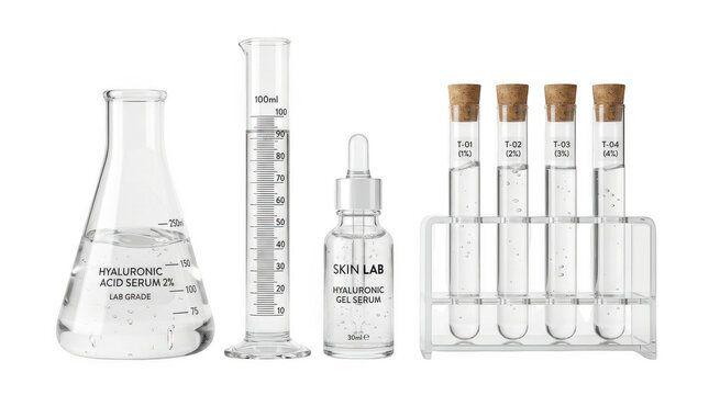 Set of glass laboratory equipment for scientific research isolated on transparent background