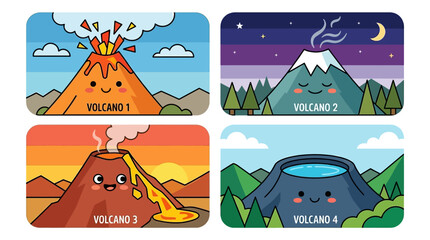 Cute Cartoon Volcano Illustrations: Eruption, Night, Lava Flow, Crater Lake © Civic
