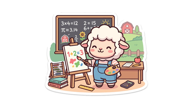 Cute Sheep Teacher Painting Math Equations on Canvas in Classroom