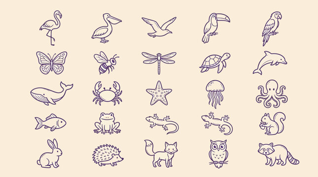 Collection of hand-drawn animal icons in a simple doodle style, featuring various creatures from land and sea.