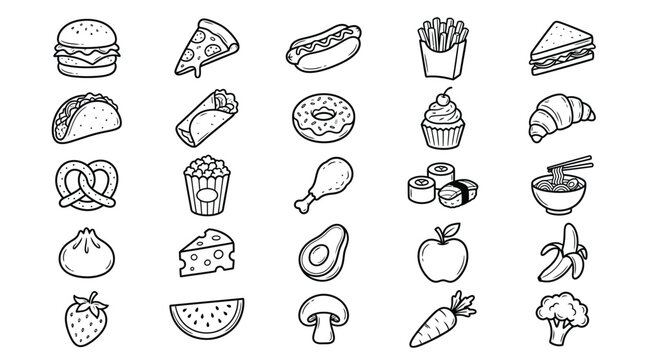 A collection of simple, hand-drawn icons representing various popular fast food and snack items, presented in a clean, black and white line art style.