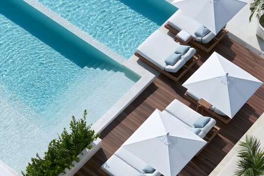 Aerial view of a luxury pool area. Modern resort deck. Minimalist sunbed layout on a luxury deck. This aerial shot shows a pool and umbrella. Summer vacation.
