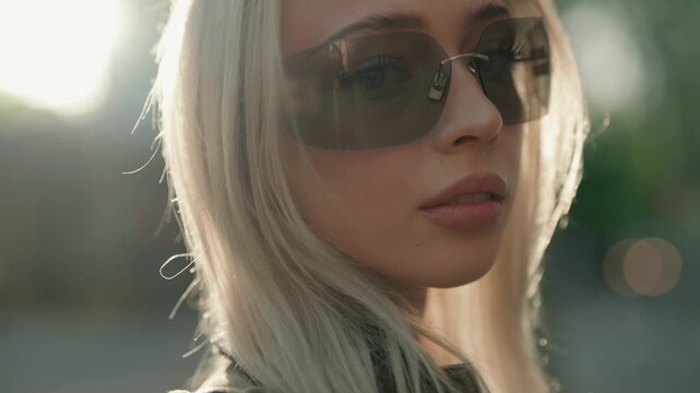 Seductive blonde woman wearing stylish futuristic sunglasses turning her face towards the camera with beautiful sun flare and lens flare, enjoying the warm evening sunlight in a park
