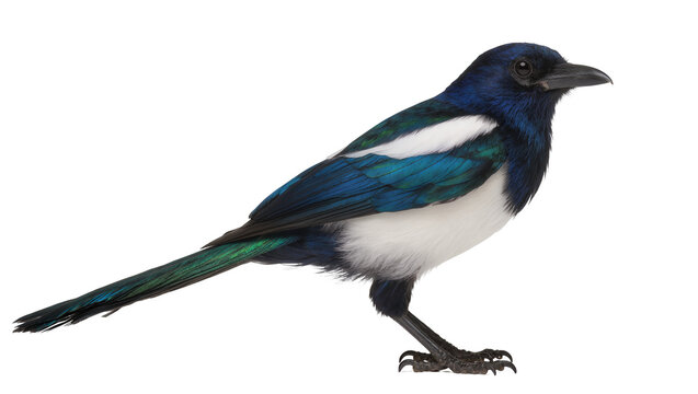 Black and white magpie bird with iridescent blue and green feathers