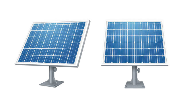 Two solar panels on a metal stand isolated on transparent background