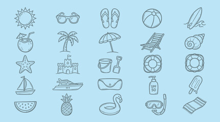 Collection of hand-drawn summer vacation icons on a light blue background, perfect for travel and leisure themes. © indira