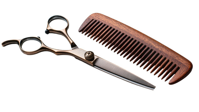 Professional steel scissors and wooden comb for hairdressing