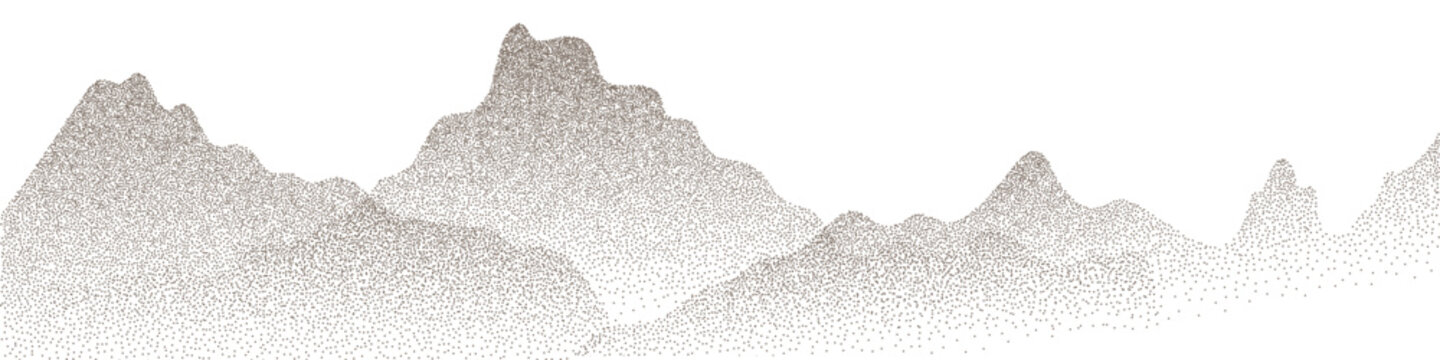 Landscape background grain and mountain noise black with border halftone stipple. Terrain texture circle and design desert dot with drawing dust effect. Element landscape gradation.
