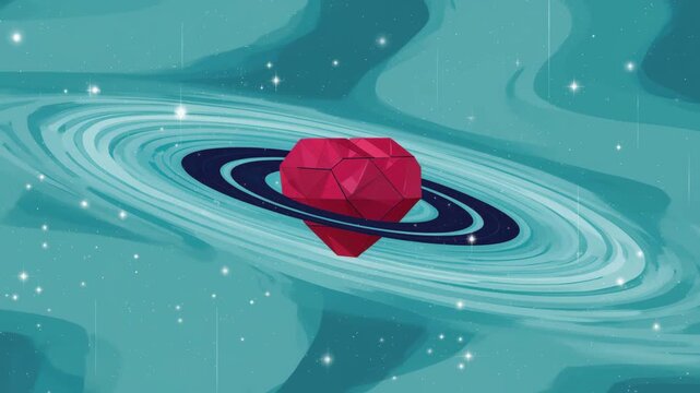 Red Gemstone Floating in Planetary Orbit Symbolizing Love Value and Cosmic Fantasy