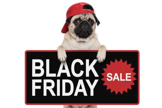 Cute pug dog wearing red cap holding black friday sale sign on white background for retail marketing