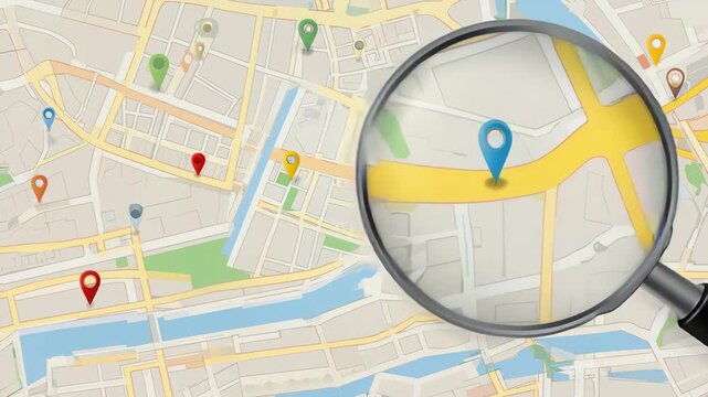 Magnifying Glass Exploring City Map for Navigation and Location Search