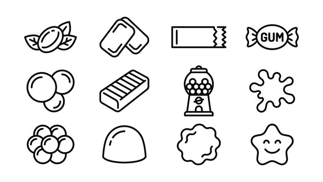 Black and white line drawing icons of various sweet treats and candies on white background