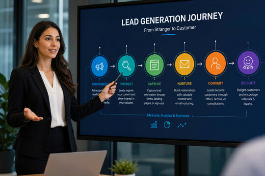 Lead generation journey presentation by businesswoman from stranger to customer awareness interest capture nurture convert delight digital marketing pipeline process slide