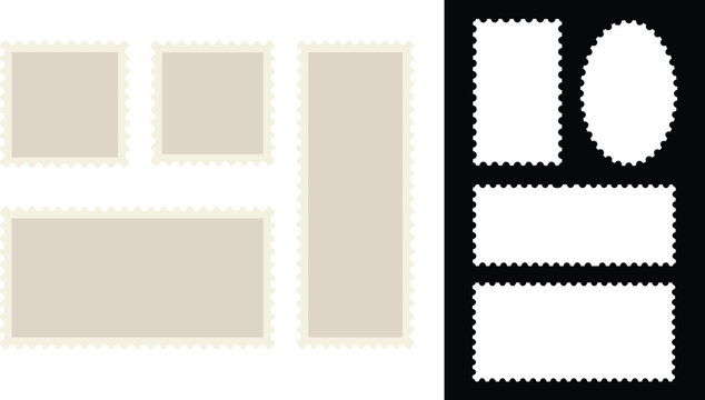 Vintage postage stamp templates, blank mail stamp frames with perforated edges, set of 8 vector postal border elements for philately and scrapbooking