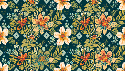Seamless floral pattern featuring stylized orange and cream flowers with green foliage and geometric diamond accents on a dark teal background. © abi