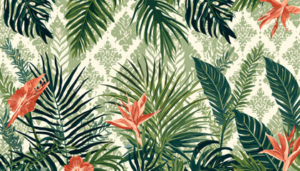 Vibrant tropical jungle pattern featuring lush green palm leaves, exotic ferns, and striking orange-red flowers against a subtle patterned background. © abi