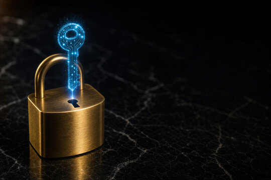 Polished brass padlock with holographic blue quantum key above keyhole symbolizing post-quantum cryptography cybersecurity encryption migration and banking security concept for digital transformation