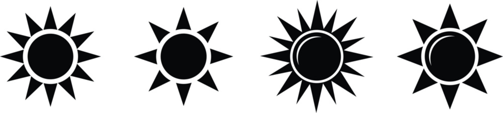 Four-stage solar eclipse symbols with black and white sun rays