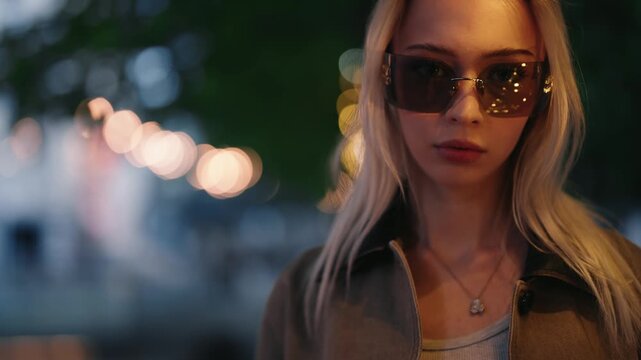 Beautiful young woman with long blonde hair wearing fashionable sunglasses looking at the camera on a city street at night, with bokeh lights creating a magical and moody atmosphere