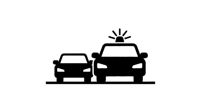 Minimal black silhouette icon, simple flat vector, bold black shape, no gradients, no shading police car pulling over another car, traffic stop icon, on a, flat icon style