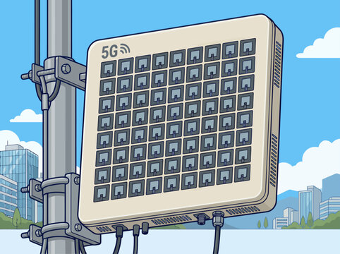 A modern 5G phased array transmitter is mounted on a pole, showcasing advanced antenna technology. Clear, bright illustration for tech and communication concepts.