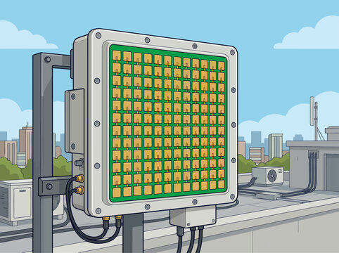 A modern 5G transmitter array with phased antenna technology is mounted on a rooftop, overlooking a city skyline. Clear, detailed illustration for tech and communication concepts.