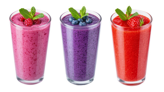 Three fruit smoothies in glasses with berries and mint garnish
