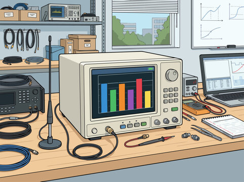 A professional laboratory scene showcases advanced electronic testing equipment. Detailed instruments and cables create a focused, technical workspace. Ideal for tech, science, or engineering visuals.