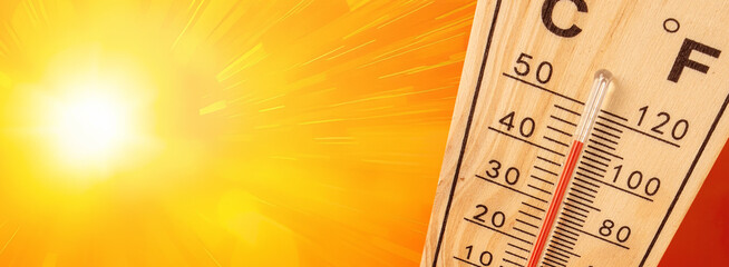 Thermometer showing extreme high temperature on a hot sunny day