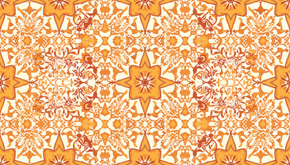Intricate seamless pattern with symmetrical floral and geometric motifs in warm orange, brown, and cream tones, ideal for decorative backgrounds. © abi