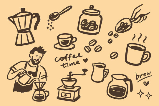 Coffee Brewing Doodle Set Vector Illustration