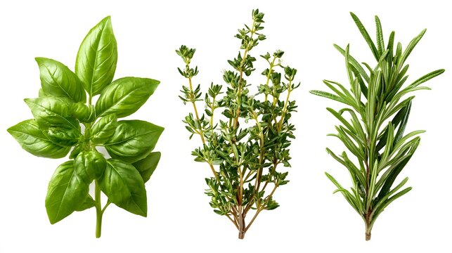 Fresh Basil, Thyme, and Rosemary Sprigs on White Background.
