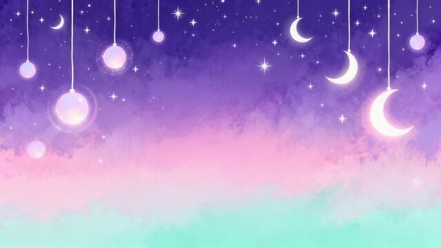 Starry sky with hanging moons and orbs