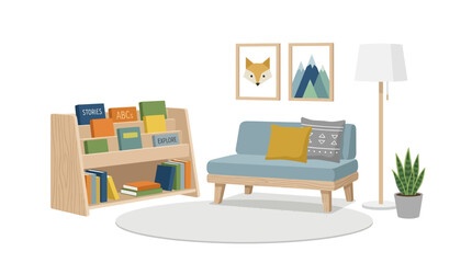 Cozy reading nook with bookshelf, armchair, and plant, children's room decor © Civic