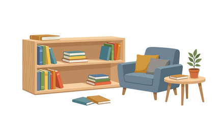 Cozy Reading Nook: Blue Armchair, Bookshelf with Books, and Small Plant © Civic