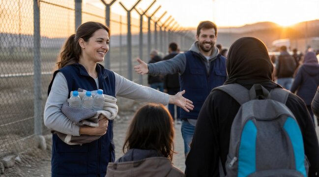 Volunteers offer aid and support to displaced people at border fence