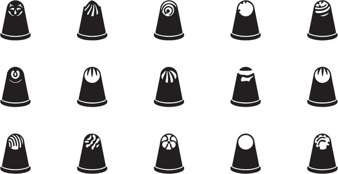 Collection of black thimble icons on white background.