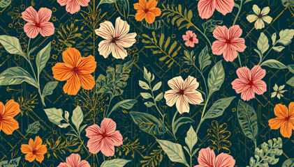 Vibrant floral pattern with pink, orange, and white blossoms and green foliage on a dark teal background with subtle geometric lines. © abi