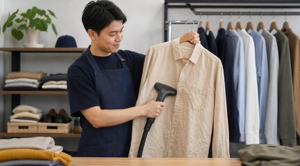 Fototapeta premium Man Steaming Shirt for Wrinkle-Free Garment Care Service