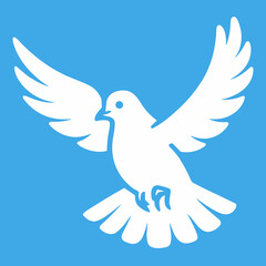 Obraz premium Bold white dove with wide-spread wings and downward-facing claws on a vivid blue background, a striking peace and freedom emblem used in celebrations and awareness campaigns.