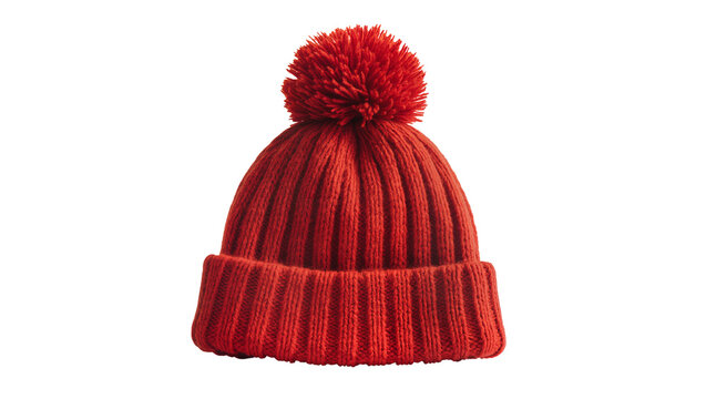 Red knitted beanie hat with pompom