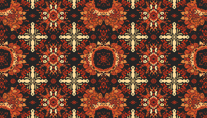 Intricate symmetrical pattern with warm earthy tones and repeating floral and cross motifs on a dark background, resembling traditional textile design. © abi