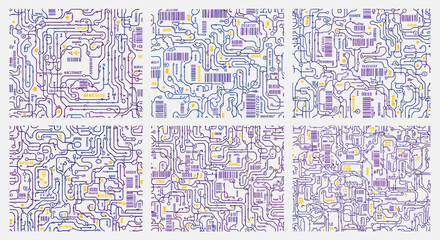 Fototapeta premium Precision Micro-Industrial Biological Ledger with Technical Marks and Dots. Industrial Biological Seamless Pattern Technical Lines Blue Purple Yellow